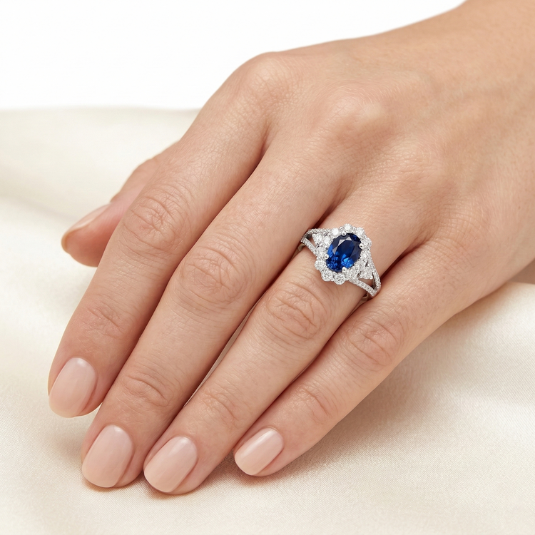 Bague de mariage ovale 2 ct avec saphir de Ceylan et diamants en or blanc 14K