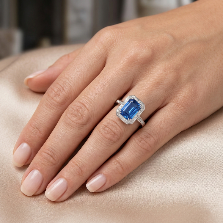 Bague diamants saphir du Sri Lanka de 3.40 ct en or blanc 14K