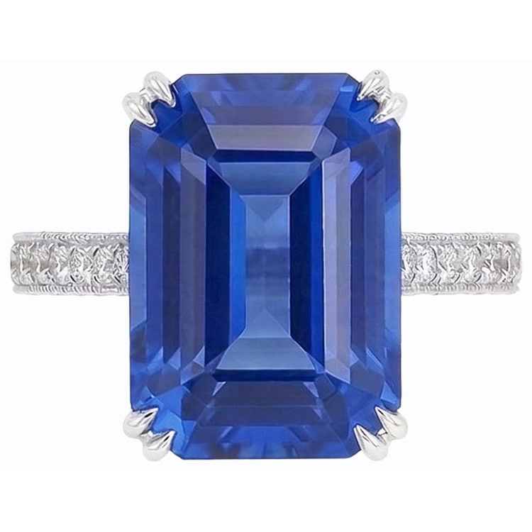 Bague en Diamant de Style Ancien Avec Saphir Bleu émeraude 8 Carats et Accents pavés