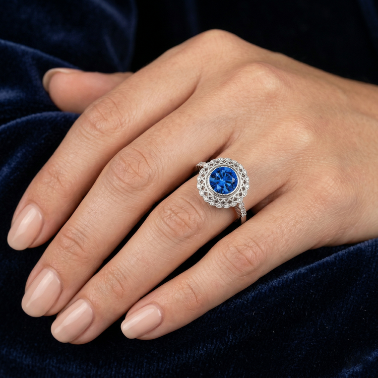 Bague en diamant avec saphir de Ceylan et serti clos en or blanc de 3.80 carats 14K