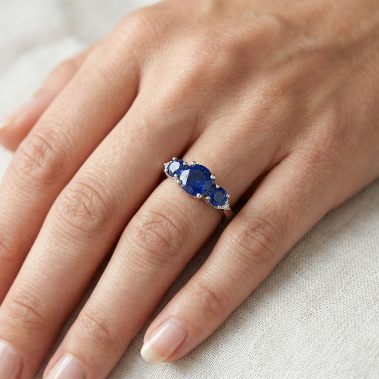 Bague en diamant rond avec saphir de Ceylan de 2.76 ct en or blanc 14K