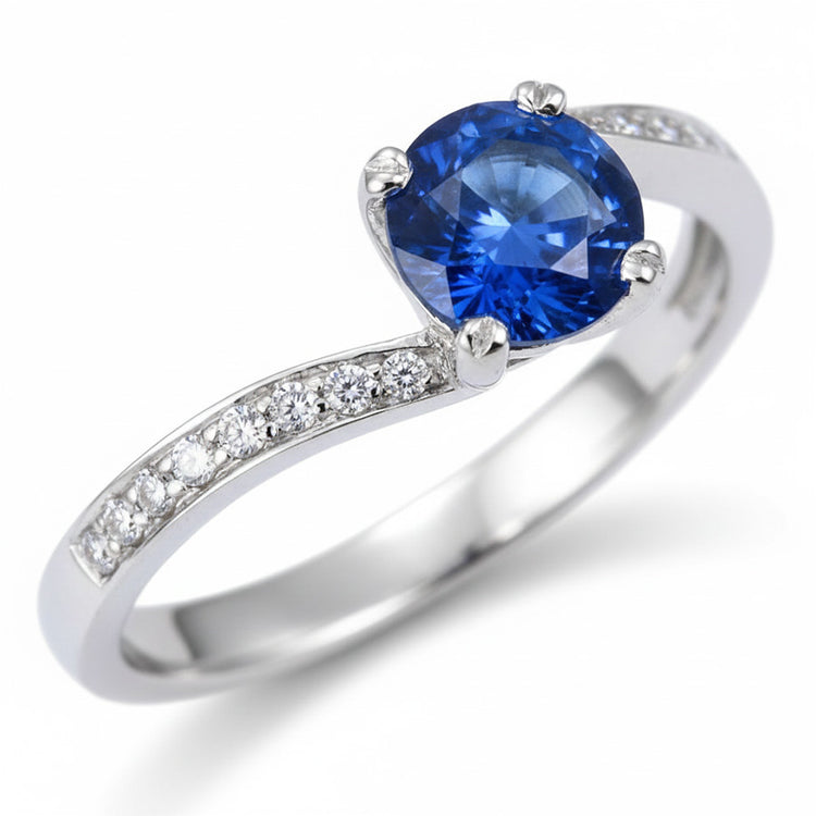 Bague en diamant saphir bleu de Ceylan Coupe Ronde de 1.25 ct