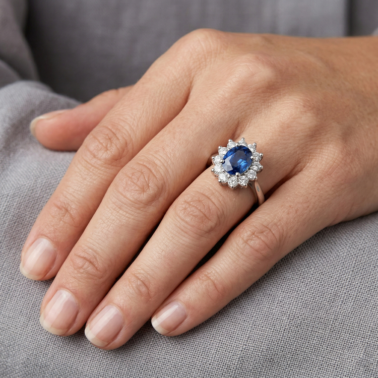 Bague en or blanc 14K avec halo de diamants et saphir de Ceylan 3.20 ct.