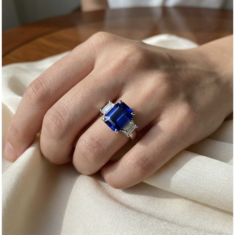 Bague en or diamant pour femme taille émeraude 5 carats bijoux en saphir naturel