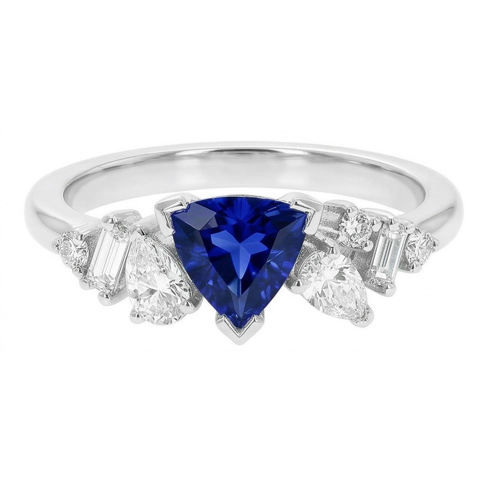 Bague en saphir bleu et diamants avec trillion en V de pierres précieuses 1 carat