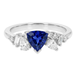 Bague en saphir bleu et diamants avec trillion en V de pierres précieuses 1 carat