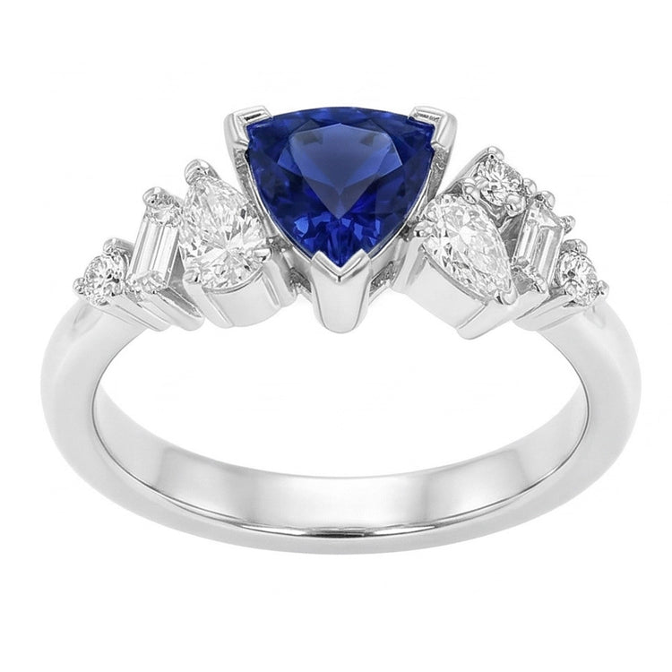 Bague en saphir bleu et diamants avec trillion en V de pierres précieuses 1 carat