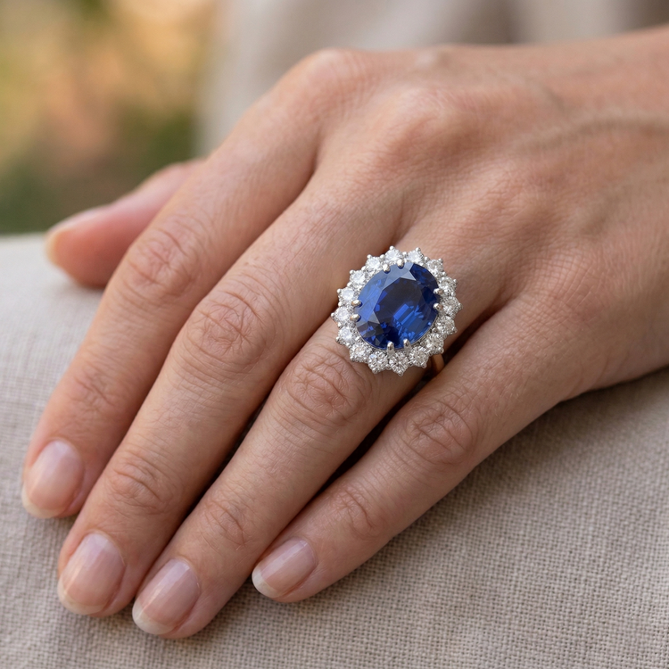 Bague ovale en saphir de Ceylan et diamants de 8.51 cts en or blanc bicolore 14K