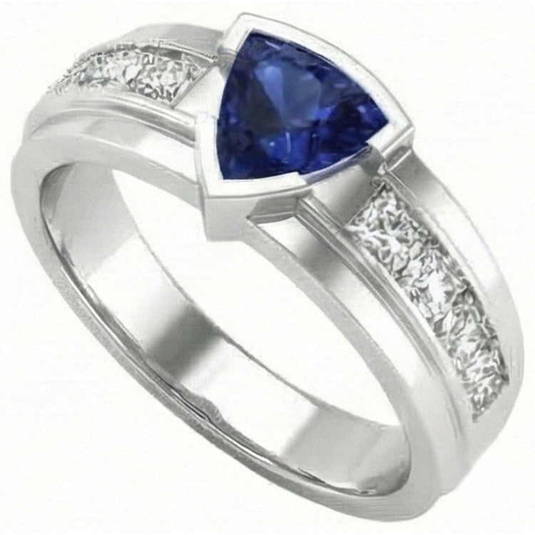 Bague pour homme sertie de diamants trillion demi-lunette saphir bleu 3 ct