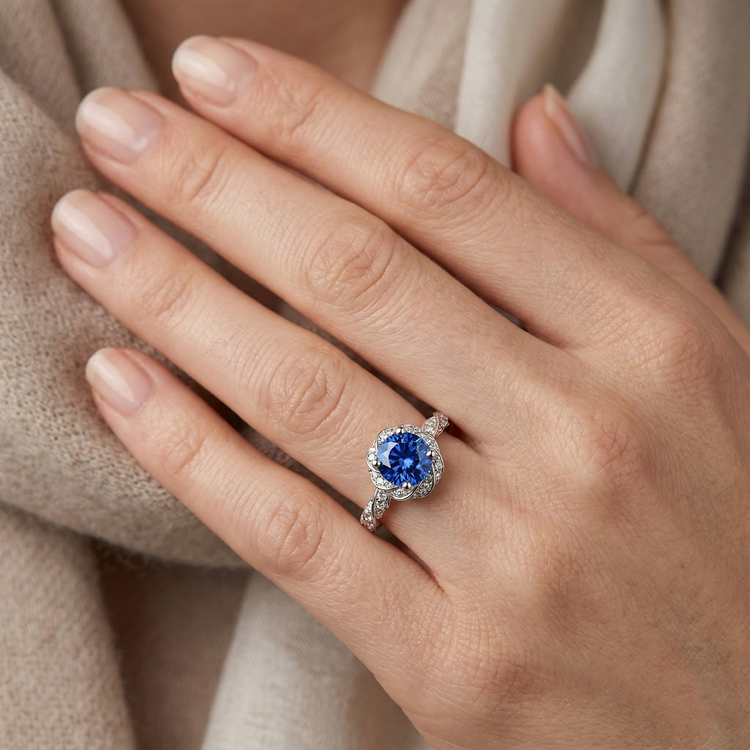 Bague ronde en diamant avec pierre gemme de saphir de Ceylan en or blanc 14k 2.15 ct.
