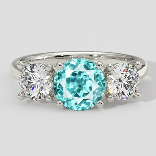 Bague trois pierres en tourmaline Paraiba et diamant rond