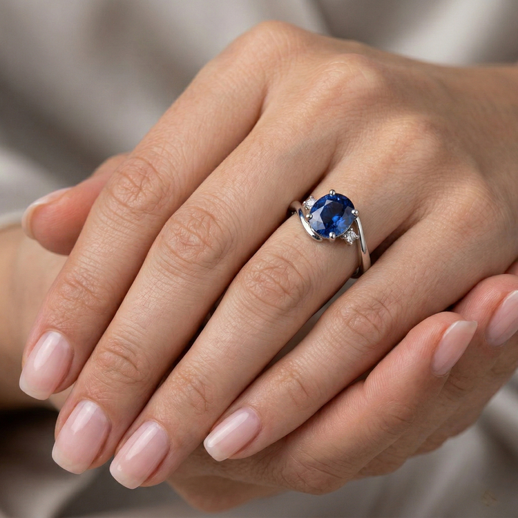 Bague trois pierres saphir du Sri Lanka avec diamants en or 1.70 ct 14k