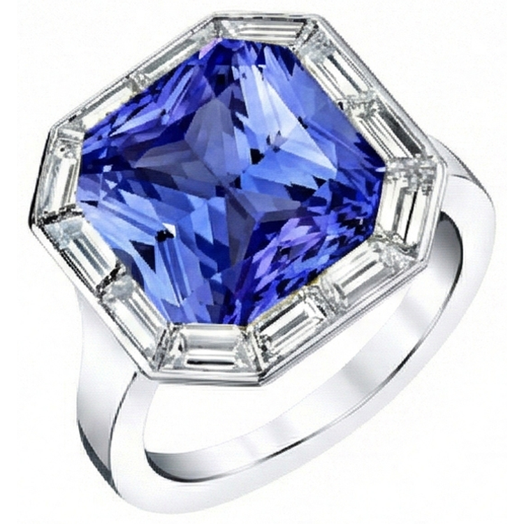 Baguette Baguette Diamant Halo Saphir Bleu Radiant 3.50 Carats Or 14K