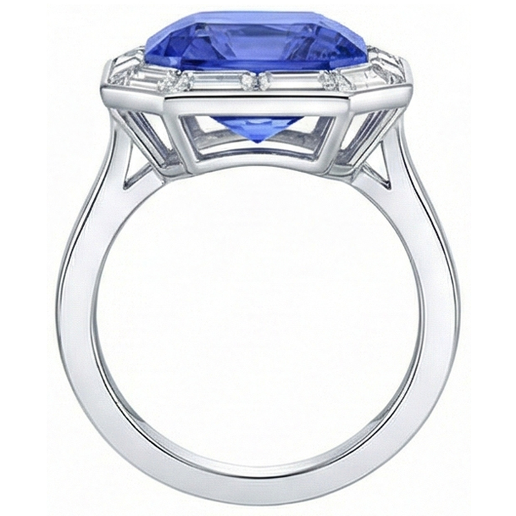 Baguette Baguette Diamant Halo Saphir Bleu Radiant 3.50 Carats Or 14K