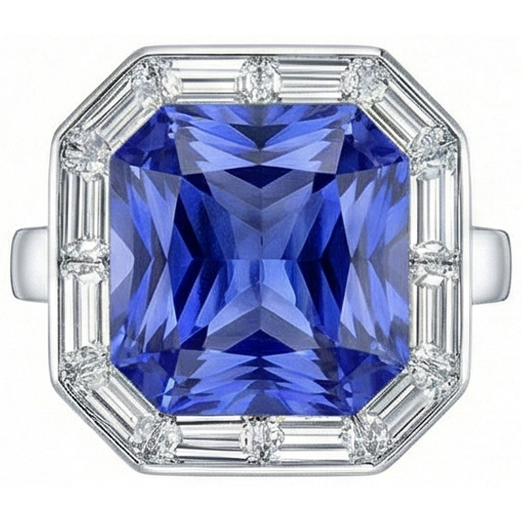Baguette Baguette Diamant Halo Saphir Bleu Radiant 3.50 Carats Or 14K