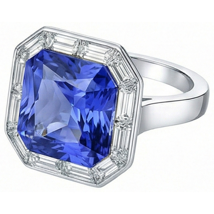 Baguette Baguette Diamant Halo Saphir Bleu Radiant 3.50 Carats Or 14K