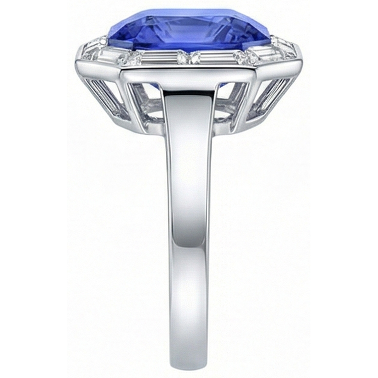 Baguette Baguette Diamant Halo Saphir Bleu Radiant 3.50 Carats Or 14K