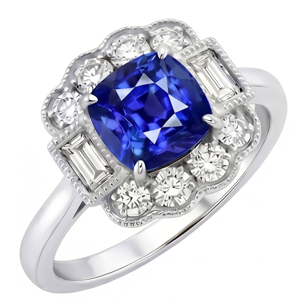 Baguette Baguette & Diamants Ronds Halo Coussin Bague Saphir 2.50 Carats Griffes