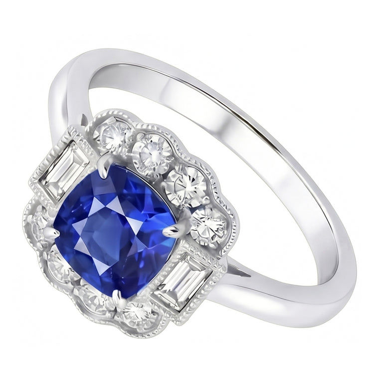 Baguette Baguette & Diamants Ronds Halo Coussin Bague Saphir 2.50 Carats Griffes