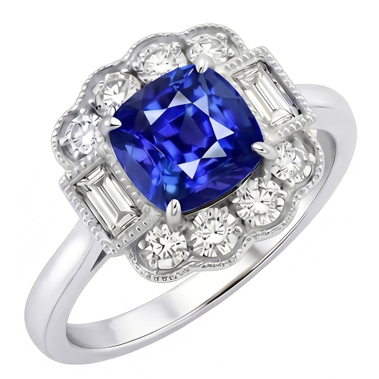 Baguette Baguette & Diamants Ronds Halo Coussin Bague Saphir 2.50 Carats Griffes
