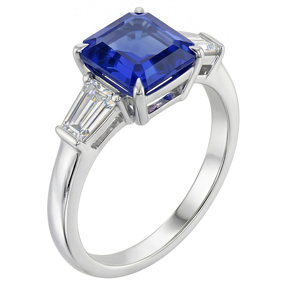 Baguette Diamant 3 Pierres Bague Asscher Taille Saphir Bleu 2.50 Carats