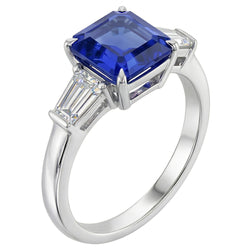 Baguette Diamant 3 Pierres Bague Asscher Taille Saphir Bleu 2.50 Carats