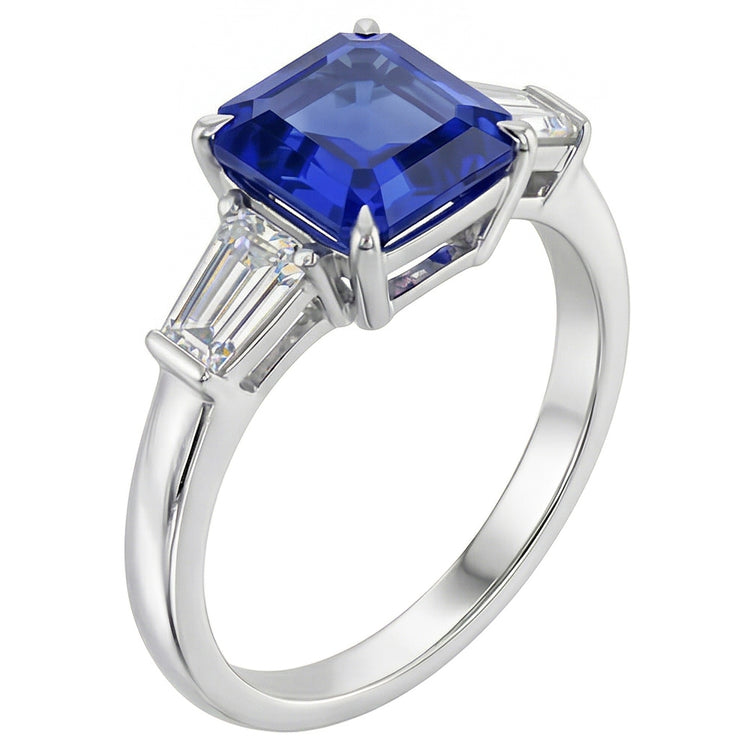 Baguette Diamant 3 Pierres Bague Asscher Taille Saphir Bleu 2.50 Carats