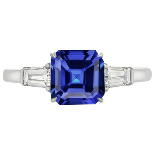 Baguette Diamant 3 Pierres Bague Asscher Taille Saphir Bleu 2.50 Carats
