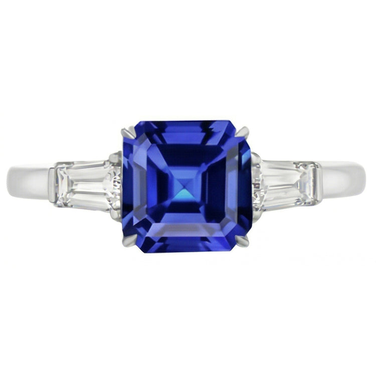 Baguette Diamant 3 Pierres Bague Asscher Taille Saphir Bleu 2.50 Carats