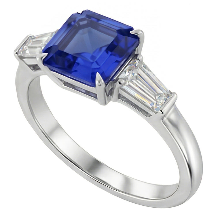 Baguette Diamant 3 Pierres Bague Asscher Taille Saphir Bleu 2.50 Carats
