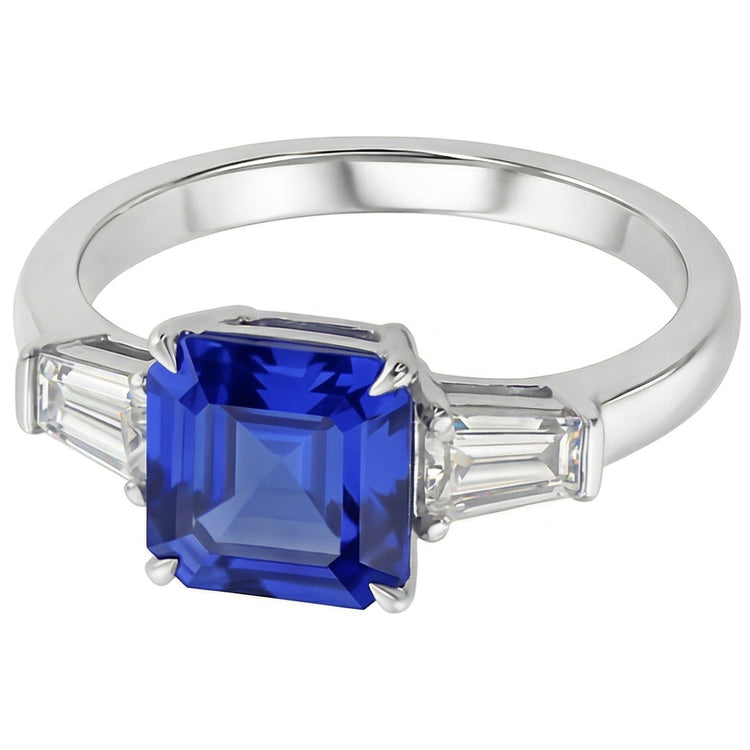 Baguette Diamant 3 Pierres Bague Asscher Taille Saphir Bleu 2.50 Carats