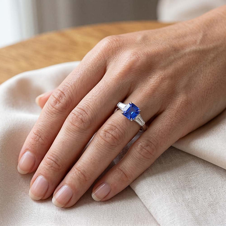 Baguette Diamant 3 Pierres Bague Asscher Taille Saphir Bleu 2.50 Carats