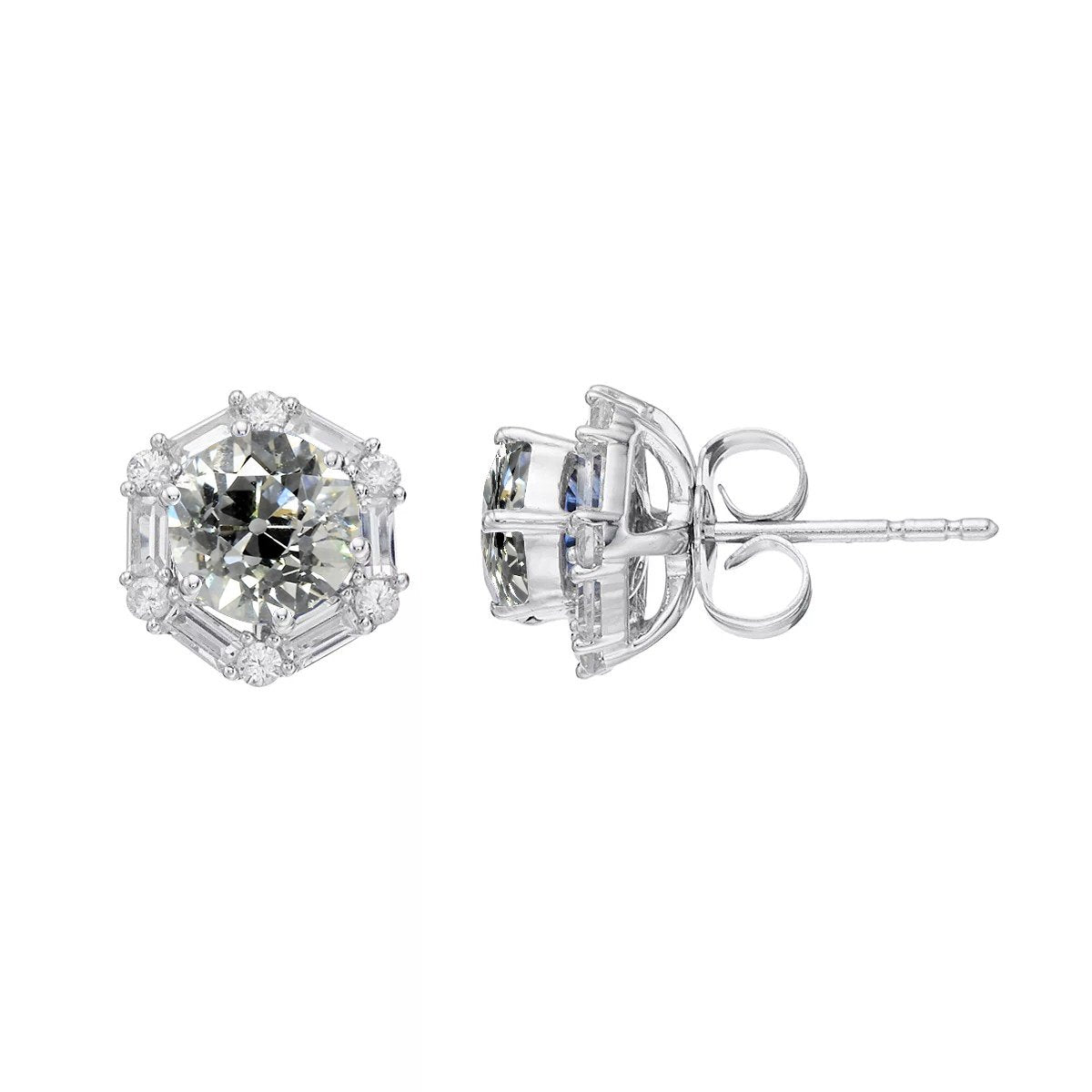 Baguette & Vieux mineur Halo Boucles D'oreilles Véritable Diamants 3 Carats Push Backs