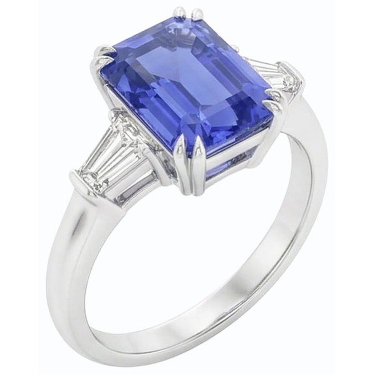 Baguette diamant 3 pierres taille émeraude saphir bleu 2.25 carats