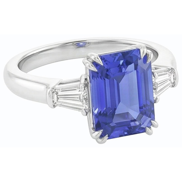 Baguette diamant 3 pierres taille émeraude saphir bleu 2.25 carats