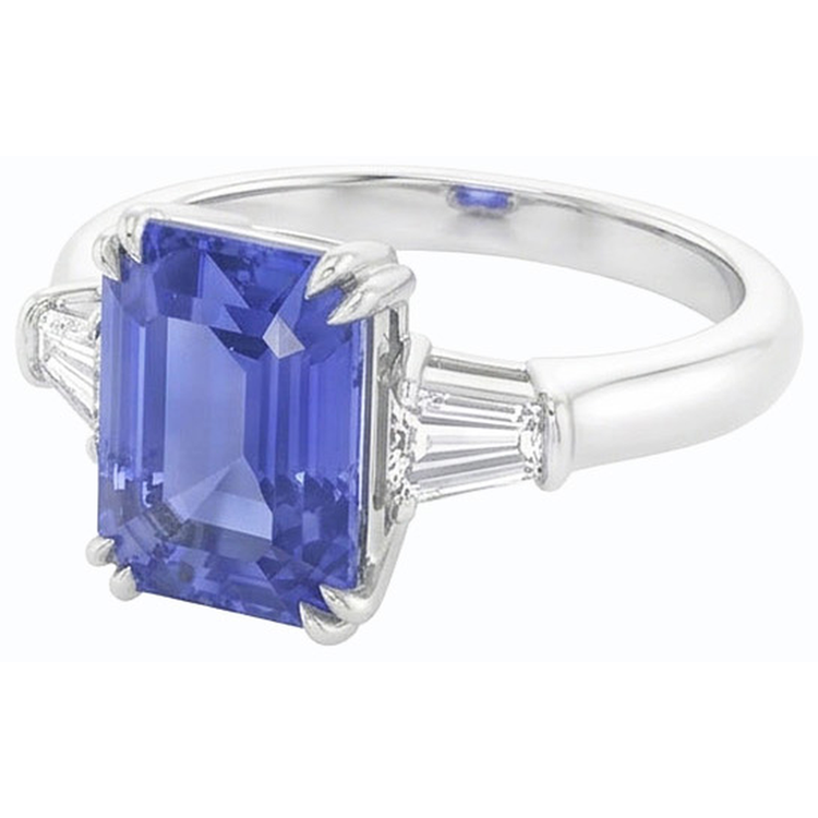 Baguette diamant 3 pierres taille émeraude saphir bleu 2.25 carats