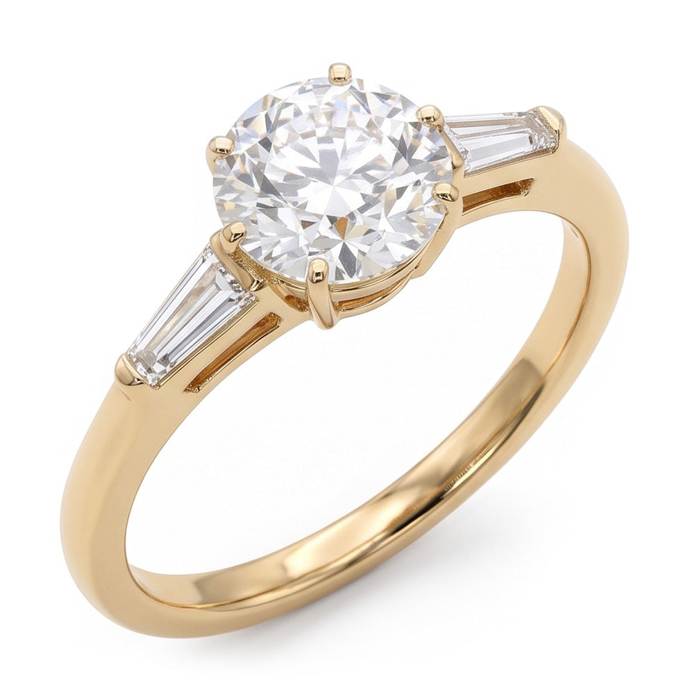 Baguette et diamant rond taille ancienne 3 pierres serti 6 griffes 2.50 carats