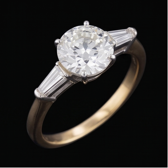 Baguette et diamant rond taille ancienne 3 pierres serti 6 griffes 2.50 carats