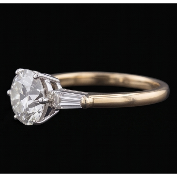 Baguette et diamant rond taille ancienne 3 pierres serti 6 griffes 2.50 carats