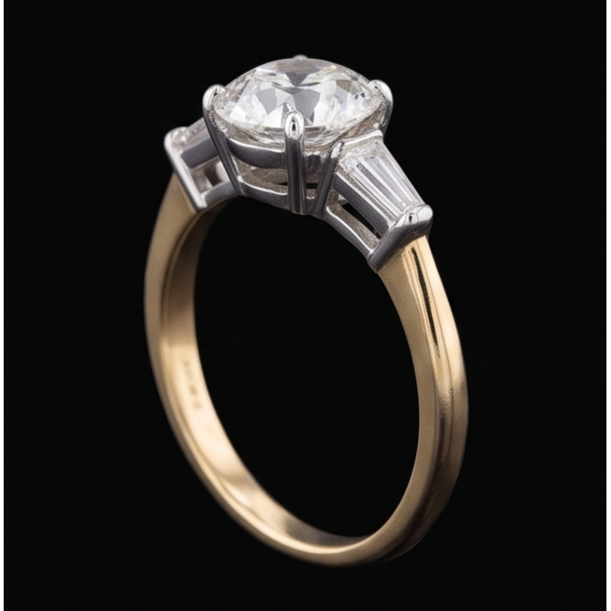 Baguette et diamant rond taille ancienne 3 pierres serti 6 griffes 2.50 carats