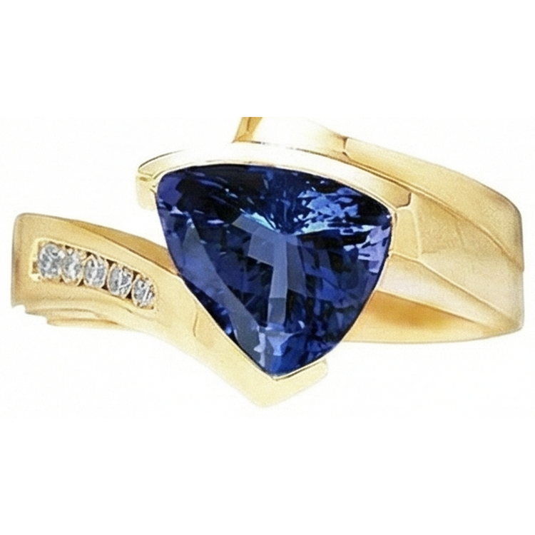 Belle Bague Tanzanite Trillion De Diamants Naturels Extraits des Mines ( et non cultivés en laboratoire ) En Or Jaune 1.95 Carats