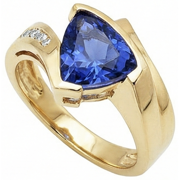 Belle Bague Tanzanite Trillion De Diamants Naturels Extraits des Mines ( et non cultivés en laboratoire ) En Or Jaune 1.95 Carats