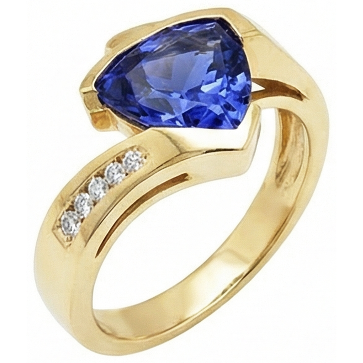 Belle Bague Tanzanite Trillion De Diamants Naturels Extraits des Mines ( et non cultivés en laboratoire ) En Or Jaune 1.95 Carats