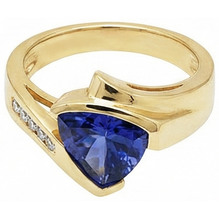 Belle Bague Tanzanite Trillion De Diamants Naturels Extraits des Mines ( et non cultivés en laboratoire ) En Or Jaune 1.95 Carats