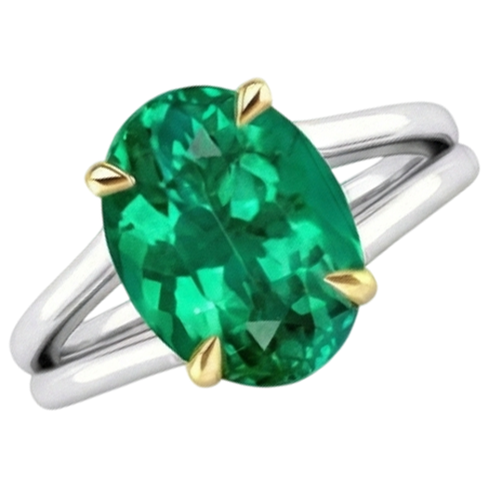 Émeraude Fine Ovale Bague avec Gemme en Or Bicolore 14 Carats – vue de face