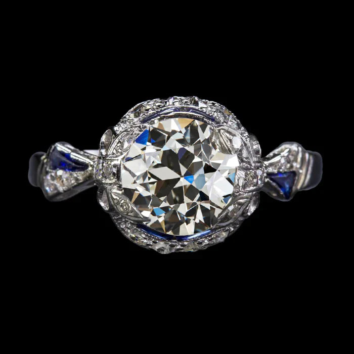 Bijoux Art Déco Bague De Mariage En Saphir Bleu Avec Véritable Diamant Taille Ancienne