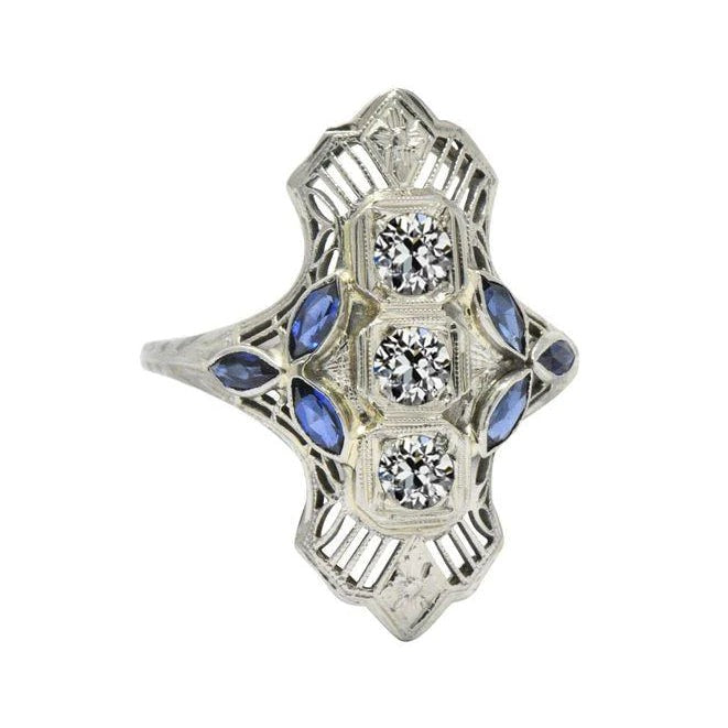 Bijoux Art Déco Bague New Gemstone Réel Diamant Taille Ancienne & Saphir Marquise