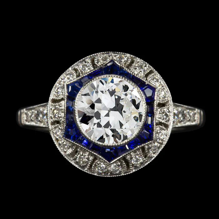 Bijoux Art Déco New Double Halo Ring Old Cut Véritable Diamond & Ceylan Sapphires