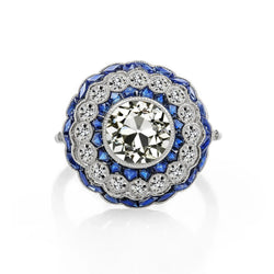 Bijoux Art Déco New Gold Halo Ring Old Cut Réel Diamond & Blue Sapphire