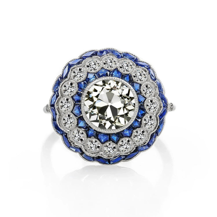 Bijoux Art Déco New Gold Halo Ring Old Cut Réel Diamond & Blue Sapphire